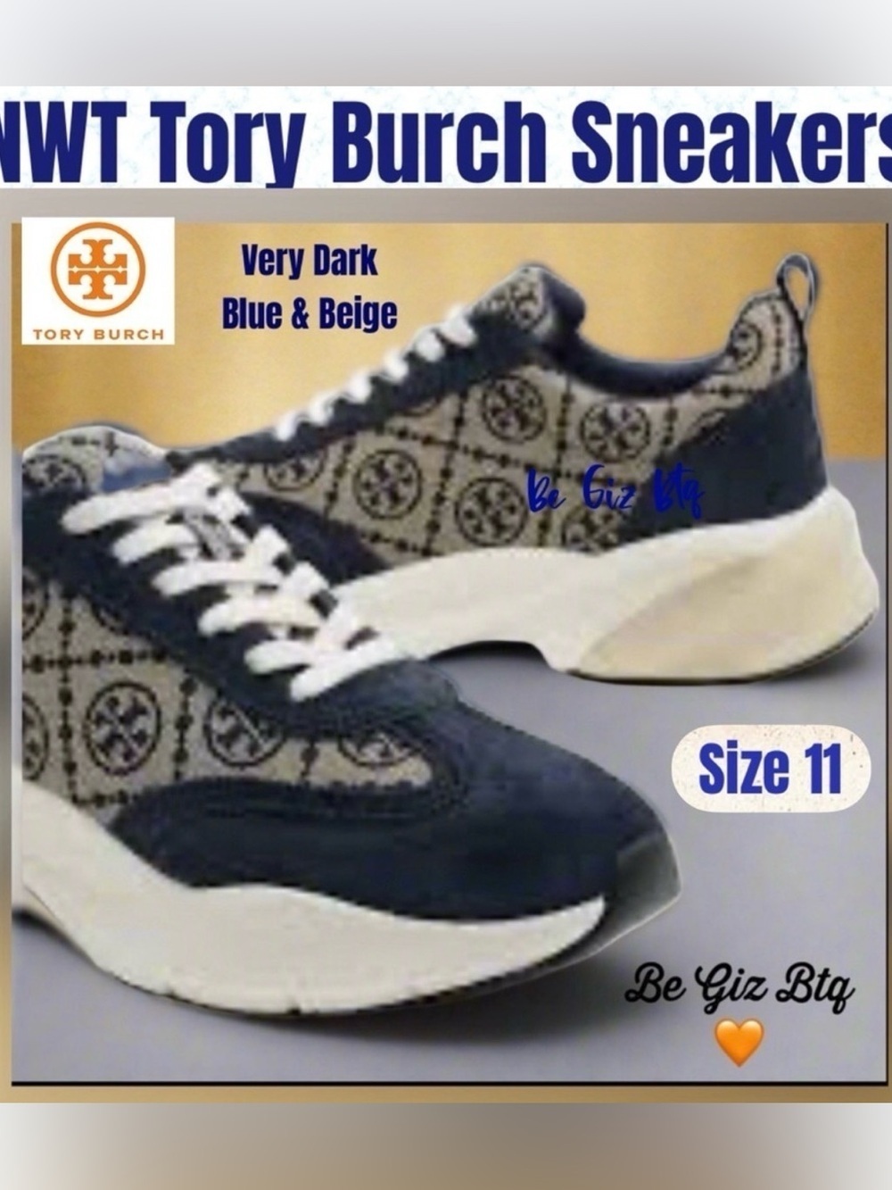 🔥🔥Authentic Tory Burch T Monogram Good Luck Sneakers M Navy Blue Monogram Size11